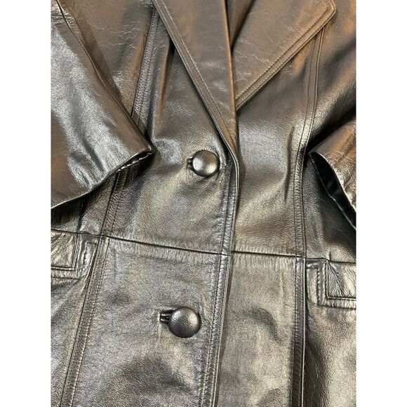 Vintage Leather Coat Jacket Black Knee Length Button Front Career - Picture 3 of 11
